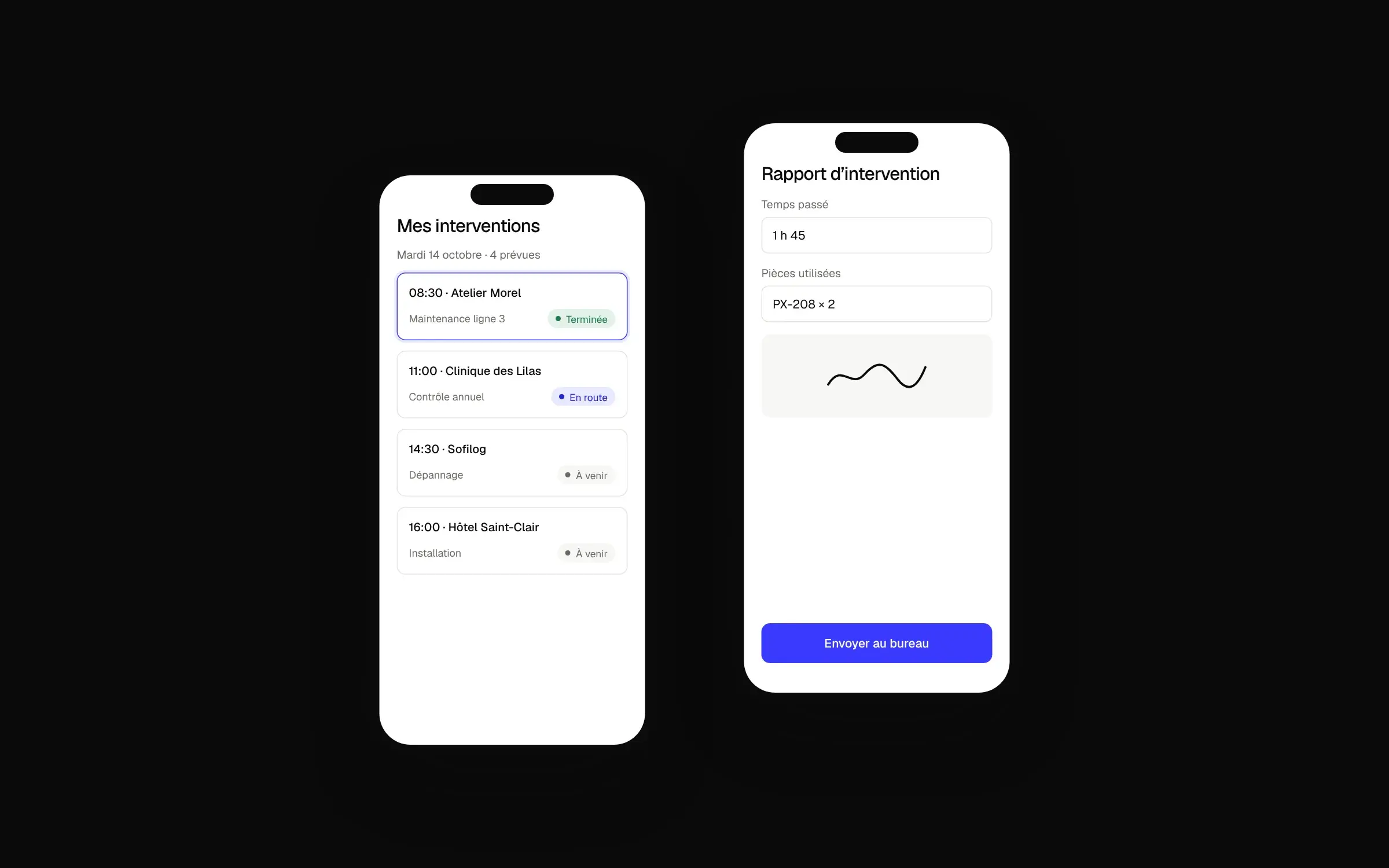 Application terrain sur téléphone : liste des interventions et rapport d’intervention