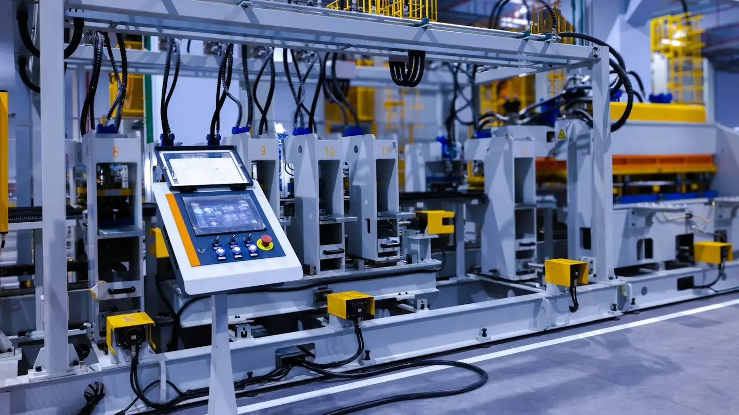 Ligne de production automatisée avec un pupitre de commande à écran tactile au premier plan