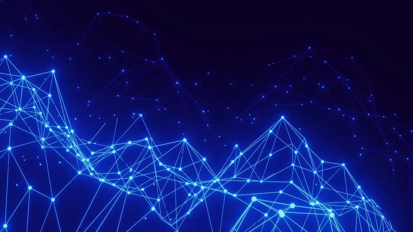 Réseau de points et de lignes bleues lumineuses sur fond sombre, évoquant des données en mouvement