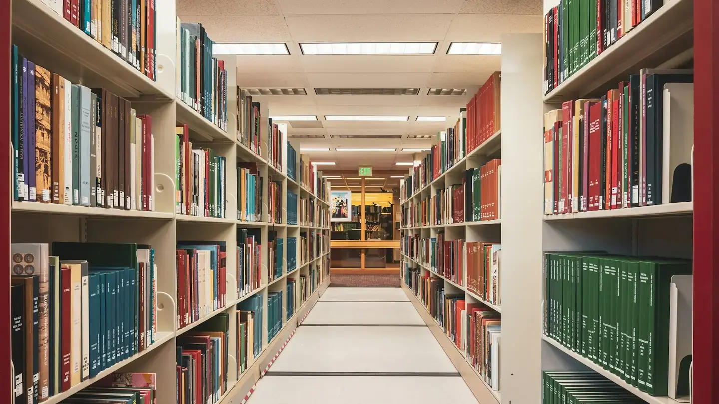 Allée de bibliothèque bordée de rayonnages remplis de livres classés
