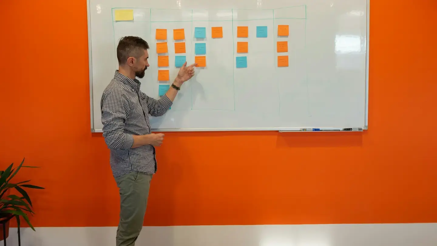 Homme devant un tableau blanc couvert de notes adhésives orange et bleues, en train d’organiser des tâches