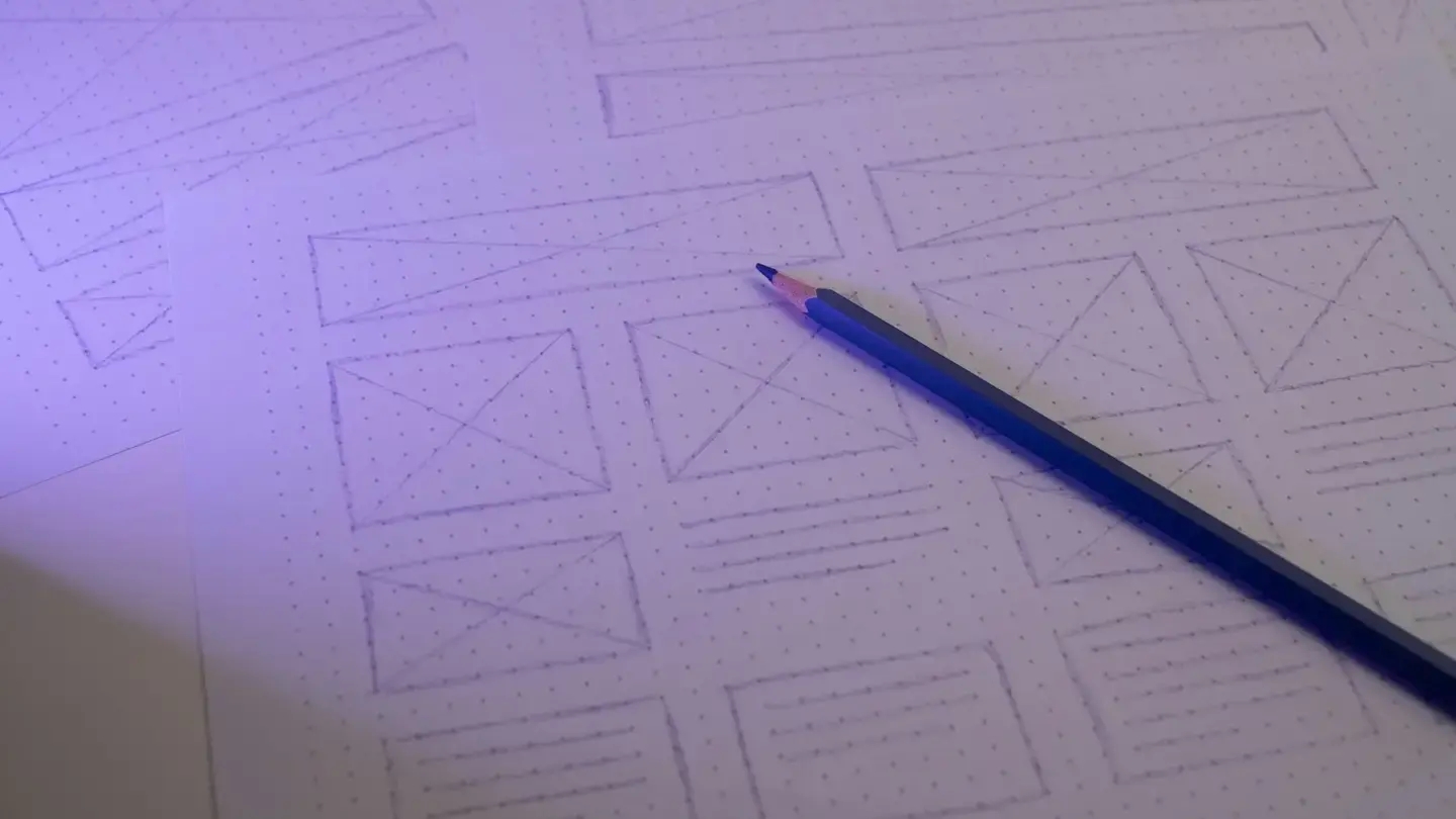 Crayon posé sur des feuilles de papier pointillé couvertes d’esquisses d’écrans