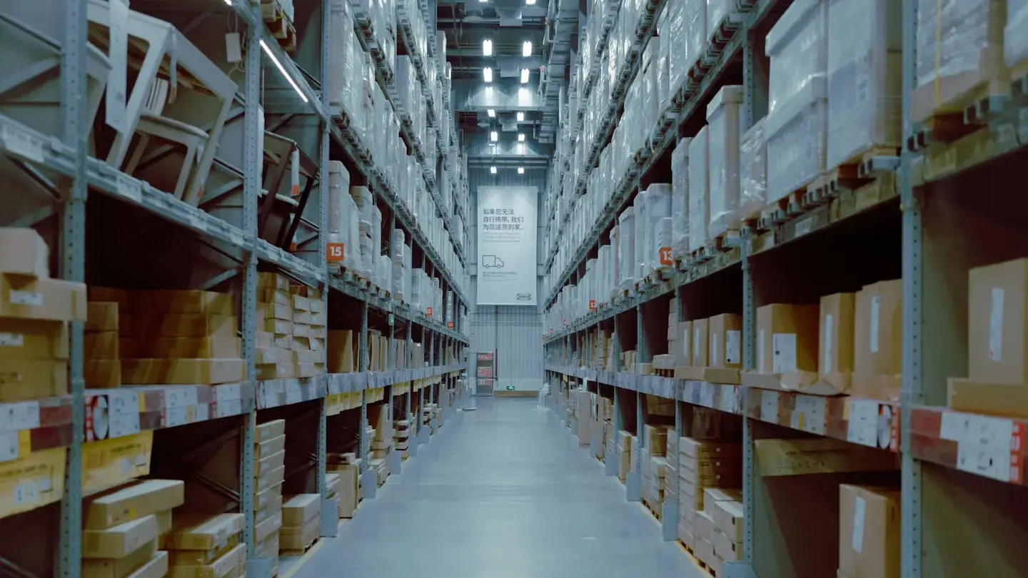 Allée d’un entrepôt de distribution avec des rayonnages chargés de cartons de part et d’autre