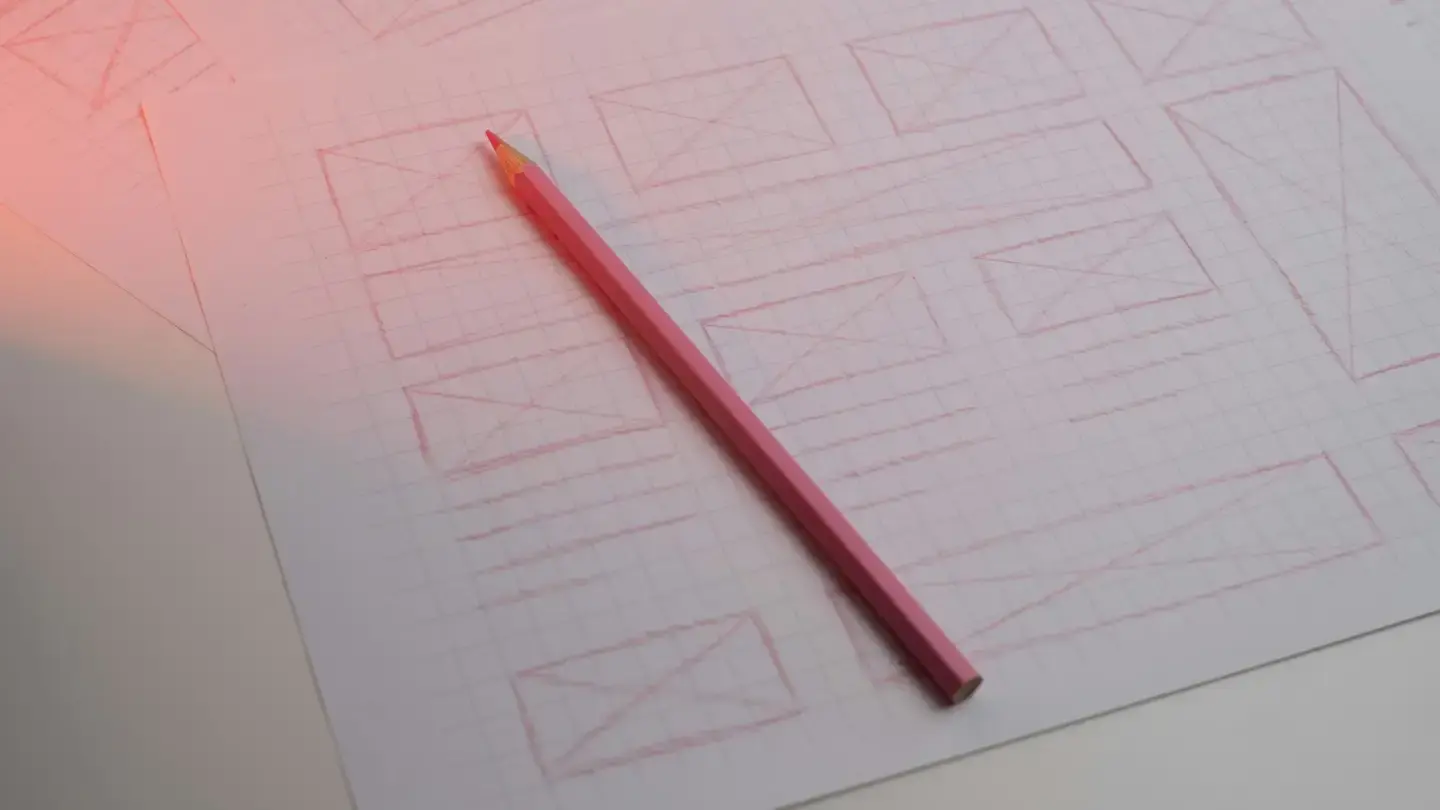 Crayon rose posé sur une feuille quadrillée couverte d’esquisses d’écrans dessinées à la main