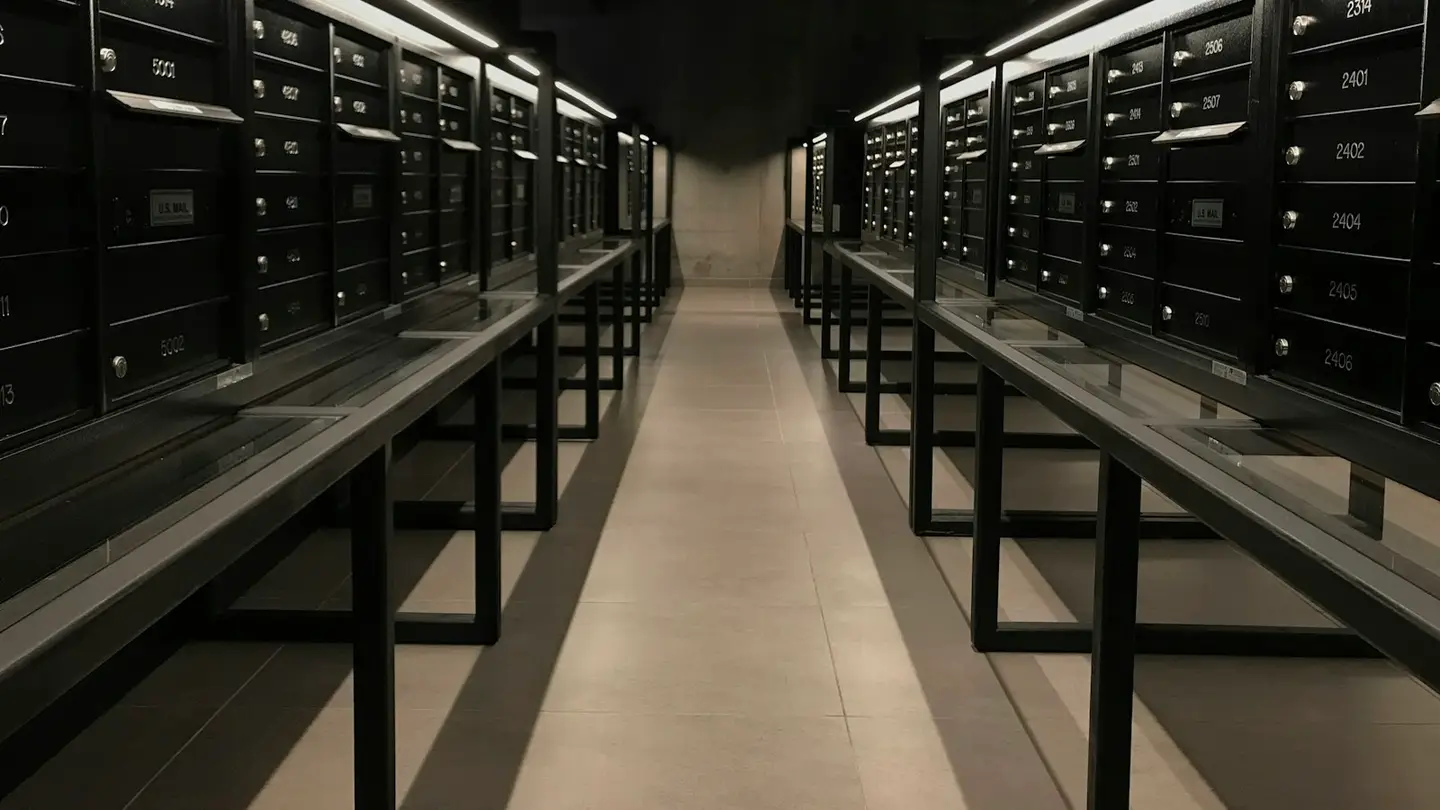 Couloir de boîtes aux lettres numérotées, alignées de part et d’autre
