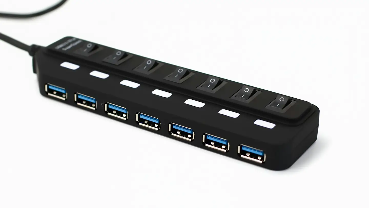 Concentrateur USB noir à sept ports avec interrupteurs individuels