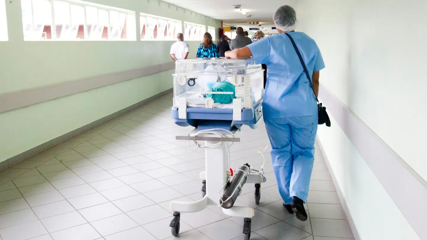 Une soignante pousse une couveuse dans un couloir d’hôpital